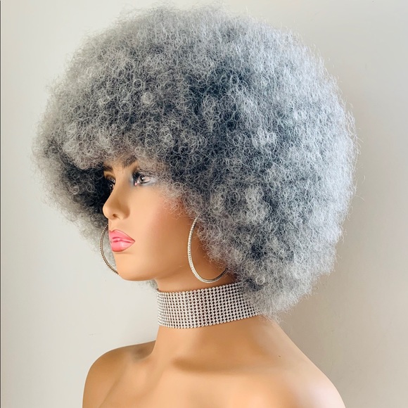 Grey/Black Kinky Curly Synthetic Afro Wig - Picture 3 of 11